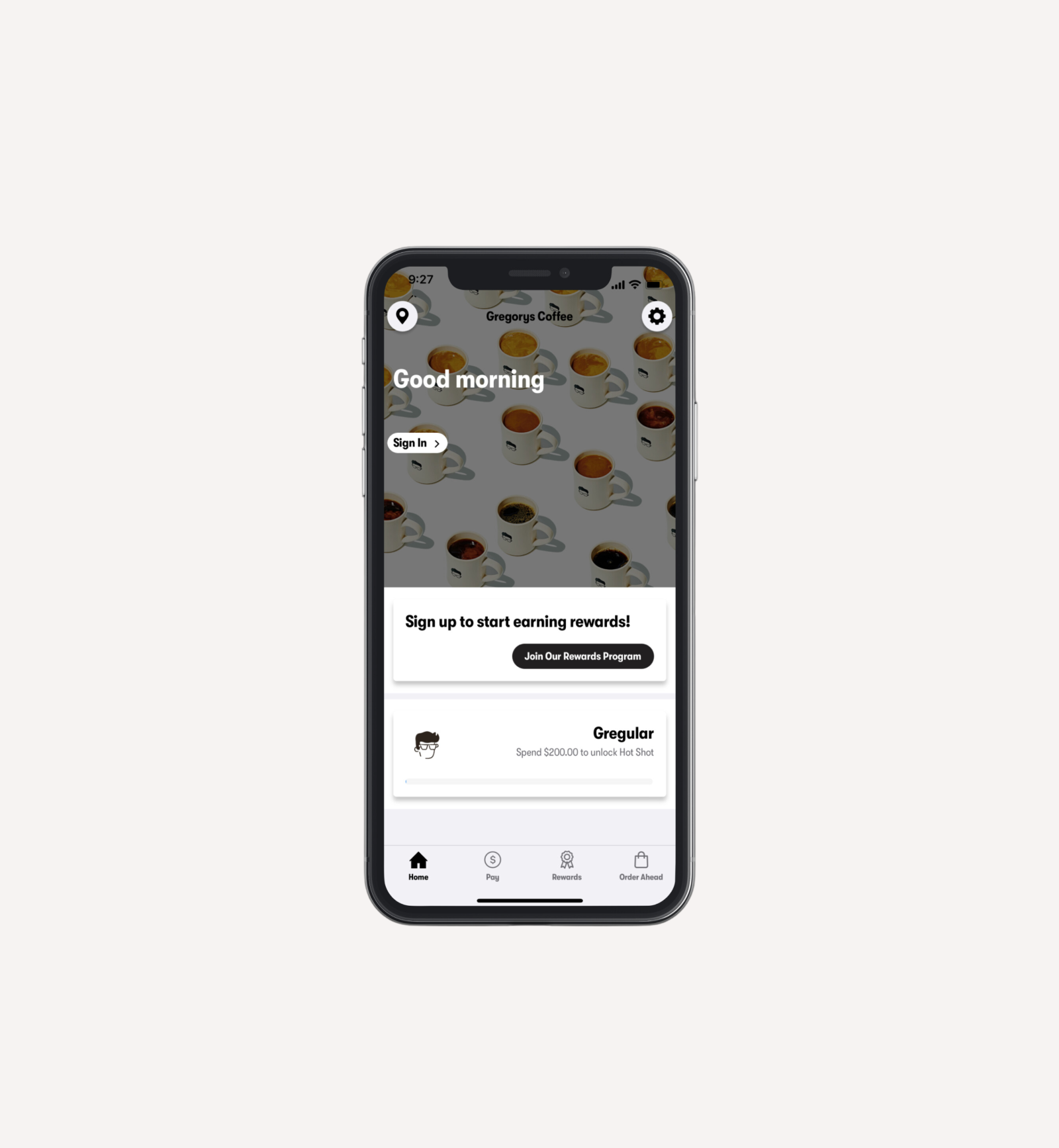 A phone with Gregorys Coffee app screen