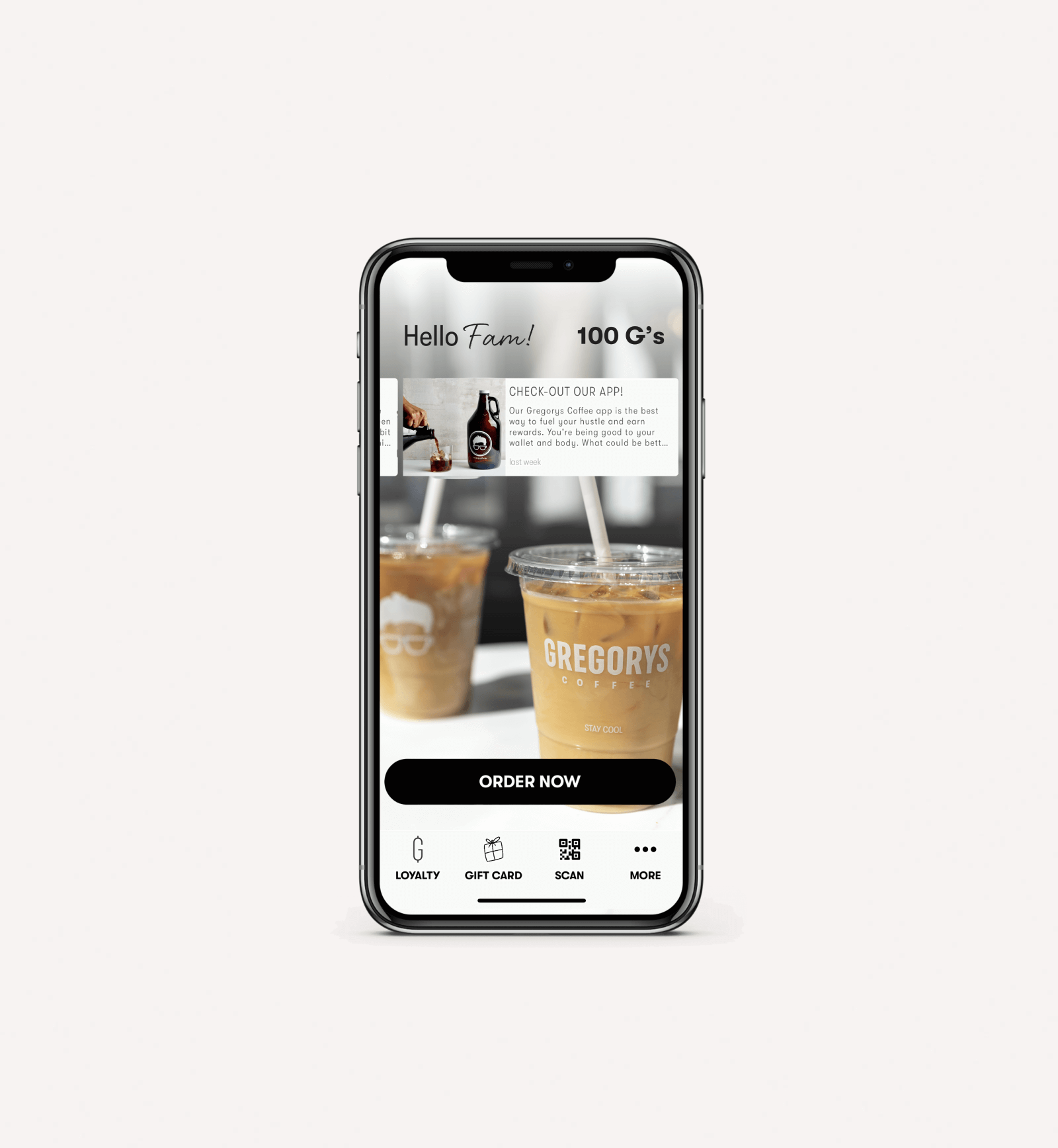 A phone with Gregorys Coffee app